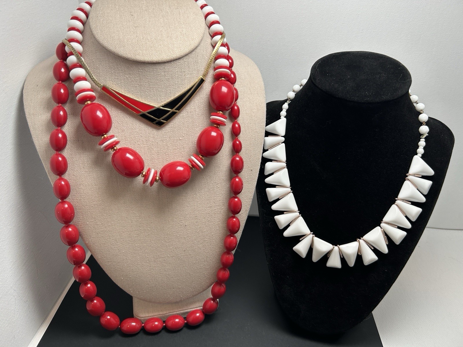 Vintage Signed Necklace Lot Monet Trifari Avon West Germany Red White Mod 4pc