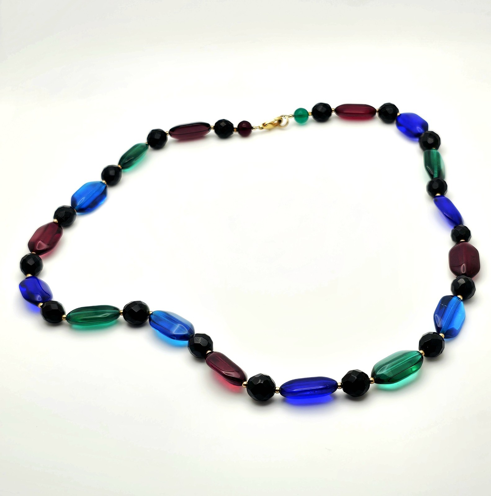 Vintage 1930s Czech Art Glass Necklace Blue & Clear Faceted Beads Handmade