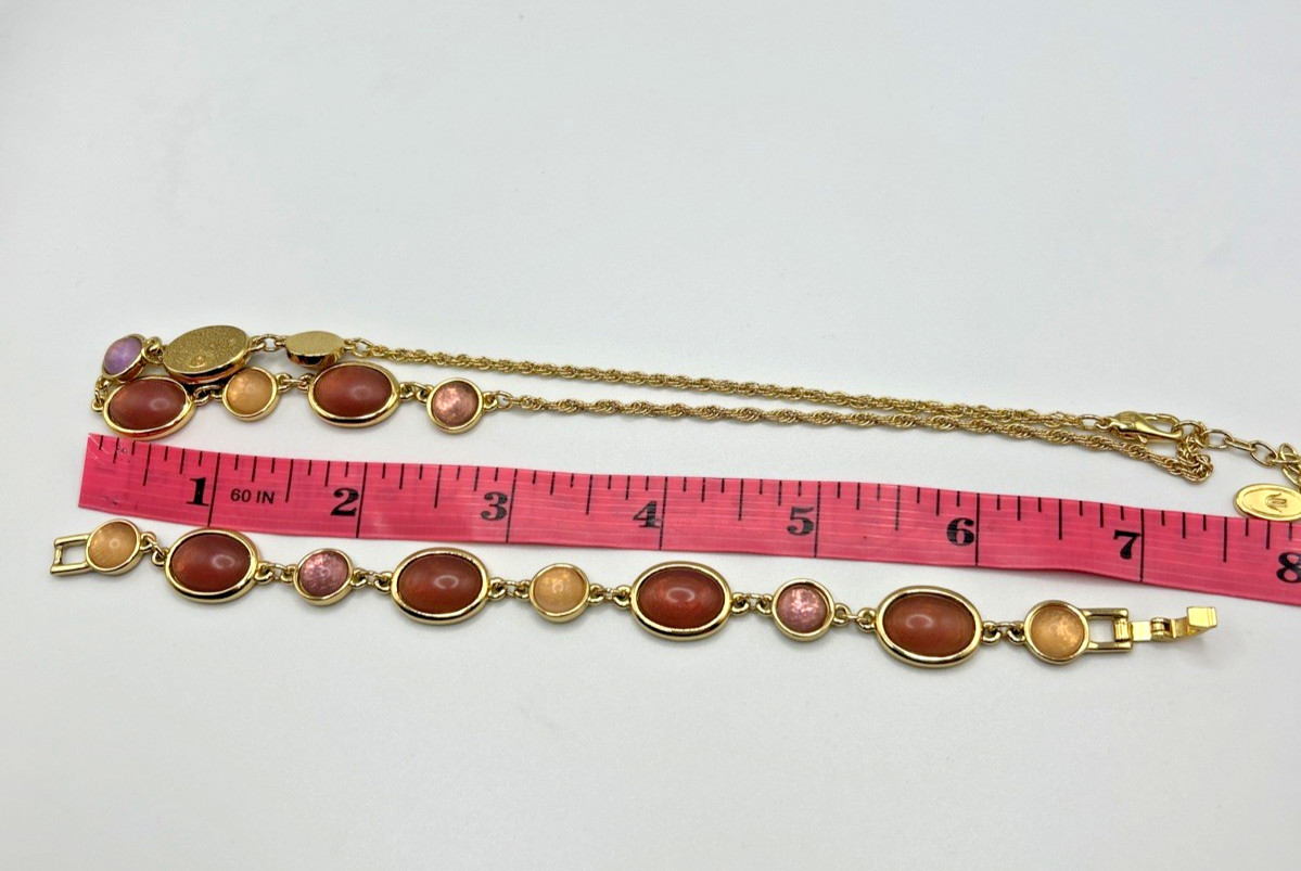 CONTESSA Gold Tone Muted Pink Cabochon Parure Necklace Bracelet Earrings Signed
