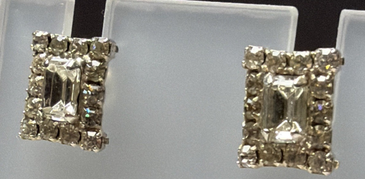 Vintage Emerald Cut Baguette Rhinestone Halo Cluster Pierced Earrings Prong Stud