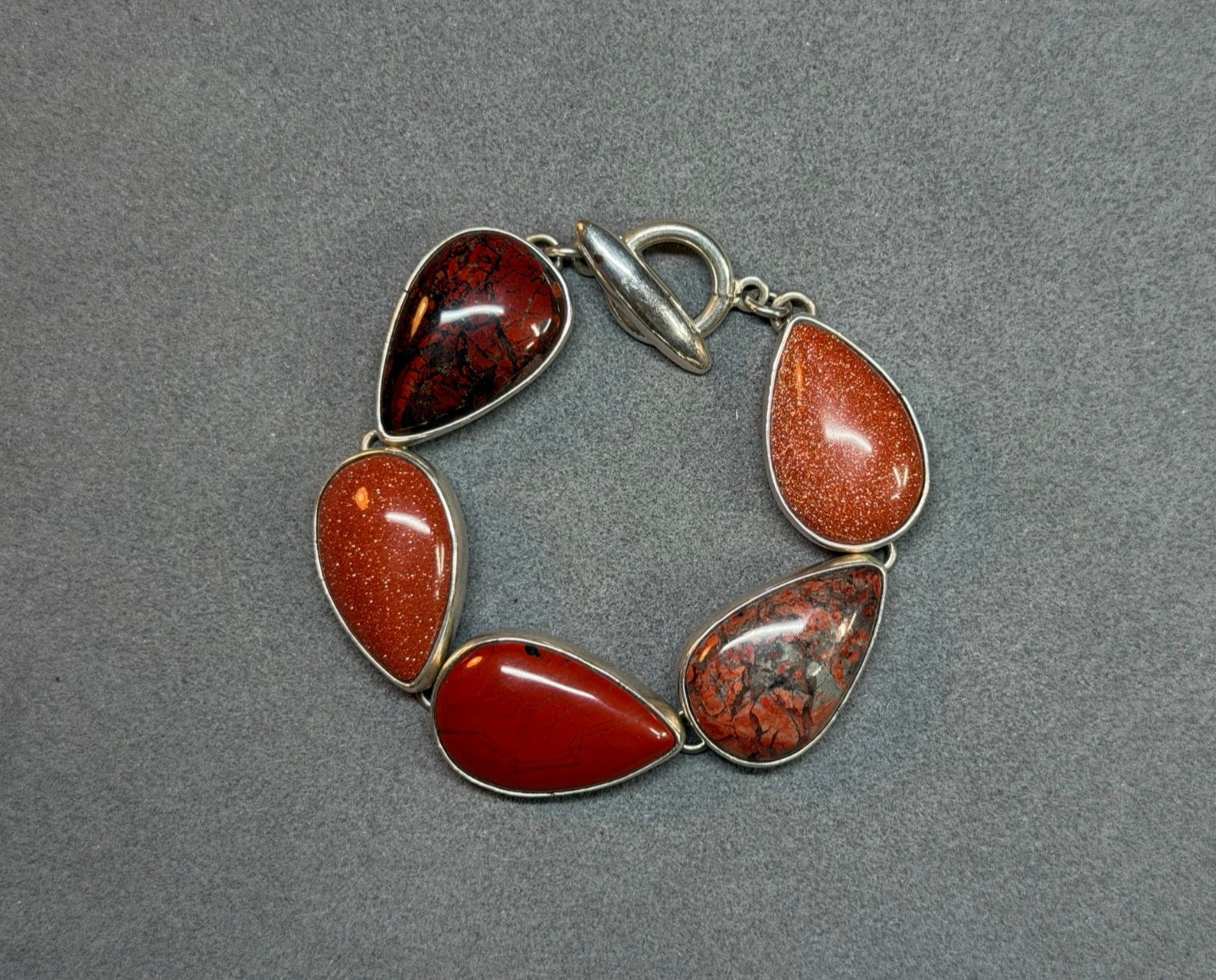 Vintage LOS CASTILLO Mexico Sterling Silver Red & Poppy Jasper Cabochon Bracelet