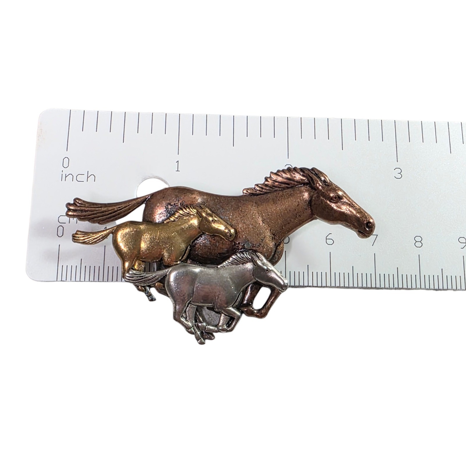 Vintage Tri Metal Running Horses Brooch Pin Equestrian Boho Southwestern