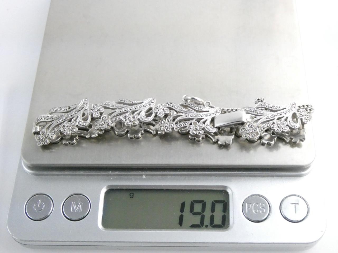 Vintage Deco Style Sterling Silver Marcasite Studded Bracelet 7.25 In GEMS MISS