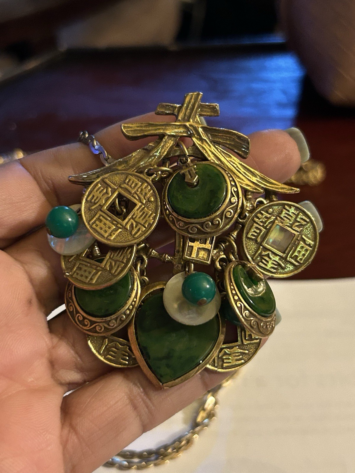 Vtg ART Arthur Pepper Asian Revival Charm Necklace Faux Jade Chinese Coin