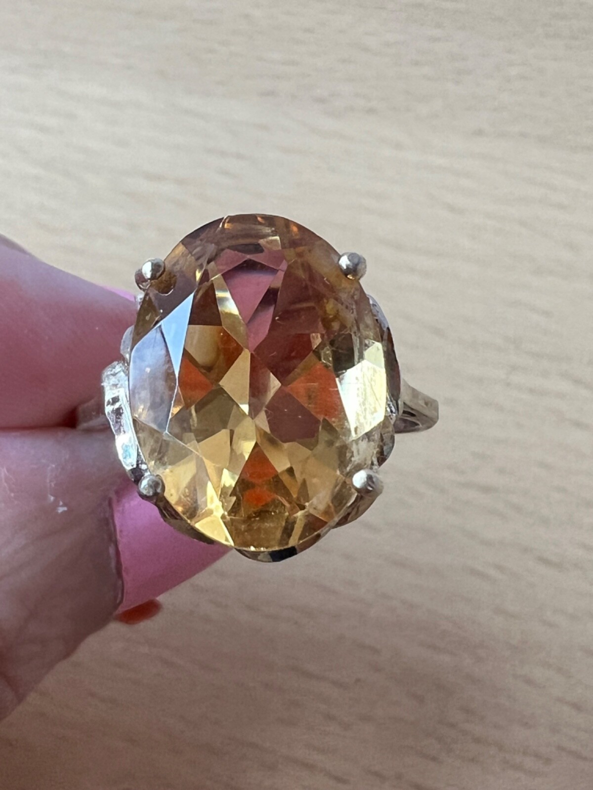 VINTAGE LARGE OVAL HONEY GOLDEN CITRINE STATEMENT RING GILDED 925 STERLING SLVER