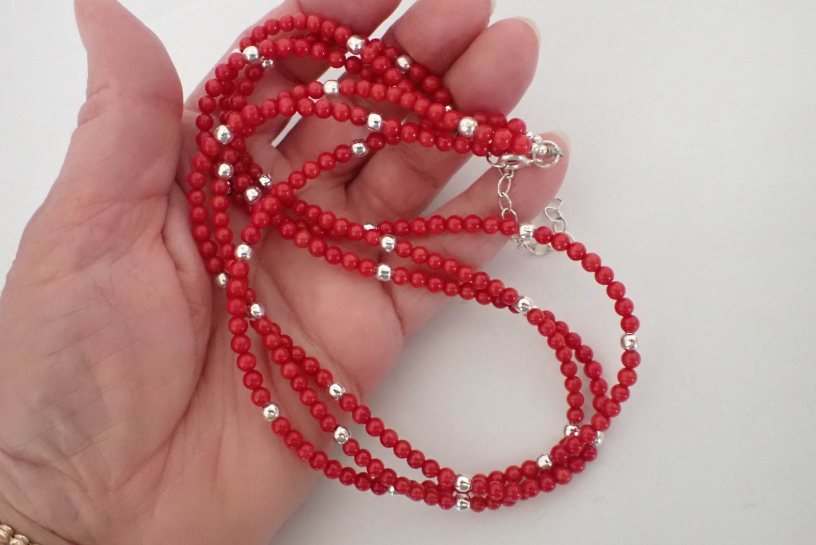 Vintage Sterling Silver & Red Coral Bead Necklace 3 Strands 19″ Long