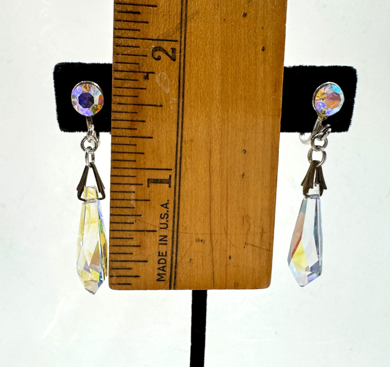 AURORA BOREALIS STELLA CRYSTAL OBELISK GORGEOUS VINTAGE DROP EARRINGS SCREW BACK
