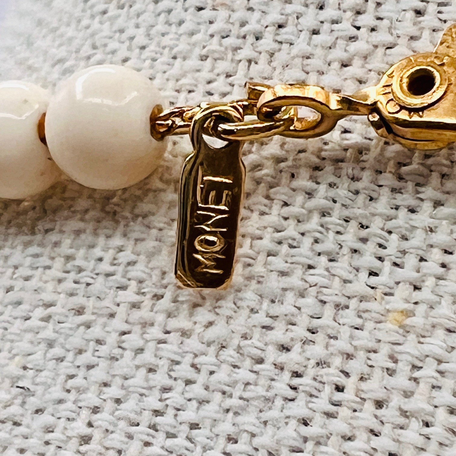 Vintage Monet Ivory Cream & Gold Tone Beaded Necklace Signed Classic Jewelry