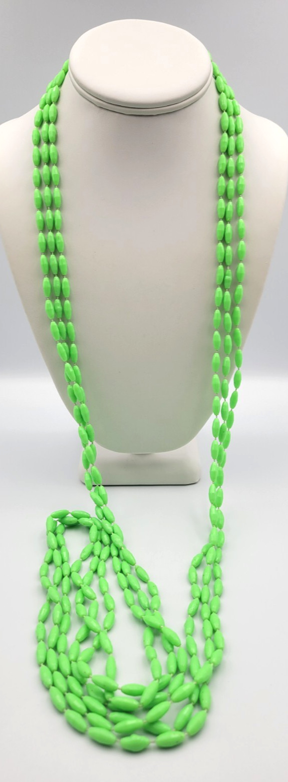 Vintage Lime Green 3 Strand Plastic Bead Necklace Hong Kong Long 50″