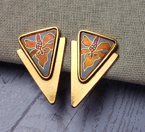 Laurel Burch Cloisonne Orchid Clip On Earrings Enamel 1980’s Retro FREE SHIP