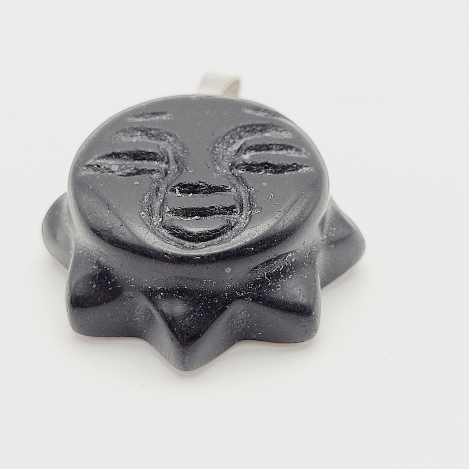 Obsidian Sun Face Black Carved Stone Silver Tone Bail Pendant Charm No Chain