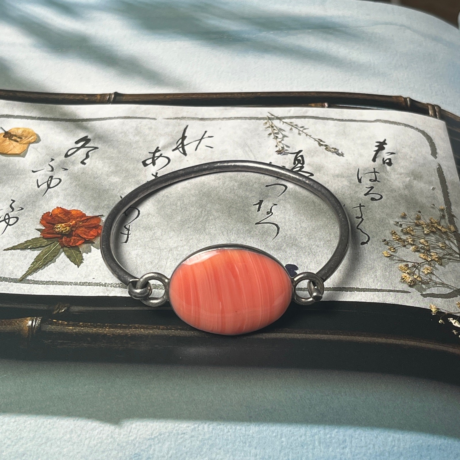925 Mexico and natural pink peach orange stone, hinged cuff bracelet