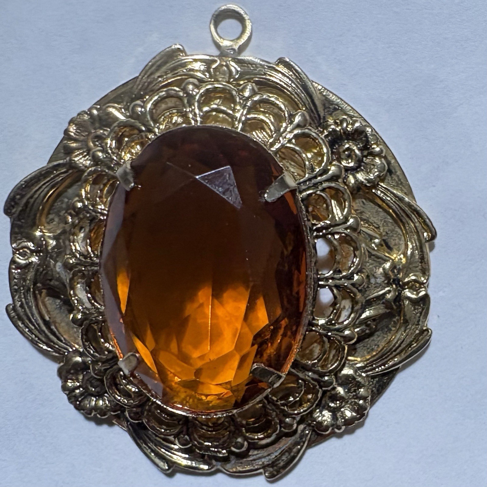 Vintage Victorian Revival Filigree Pendant Honey Amber Glass Gold Tone Ornate