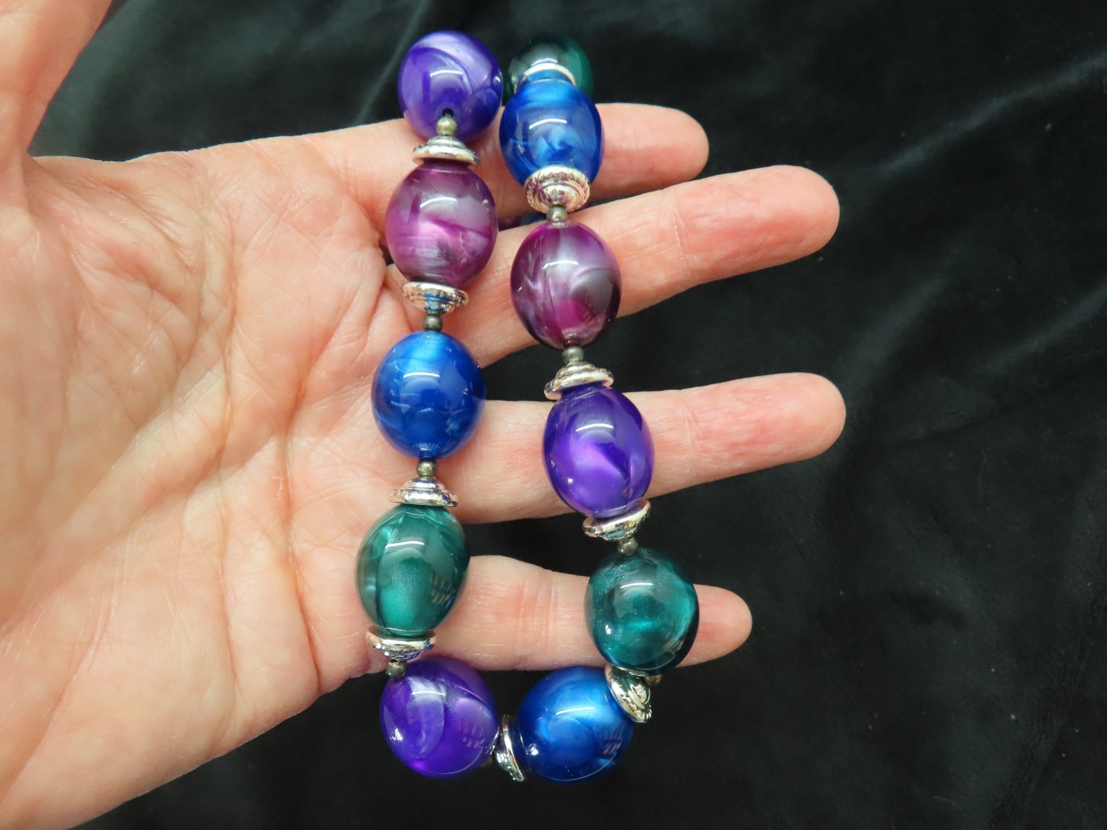 Vintage Green, Purple & Blue Silver Tone Necklace