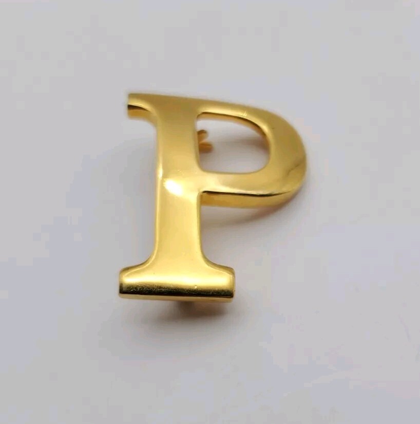 Vintage Anne Klein Signed Gold Tone Initial Letter P Brooch Monogram 1.325″