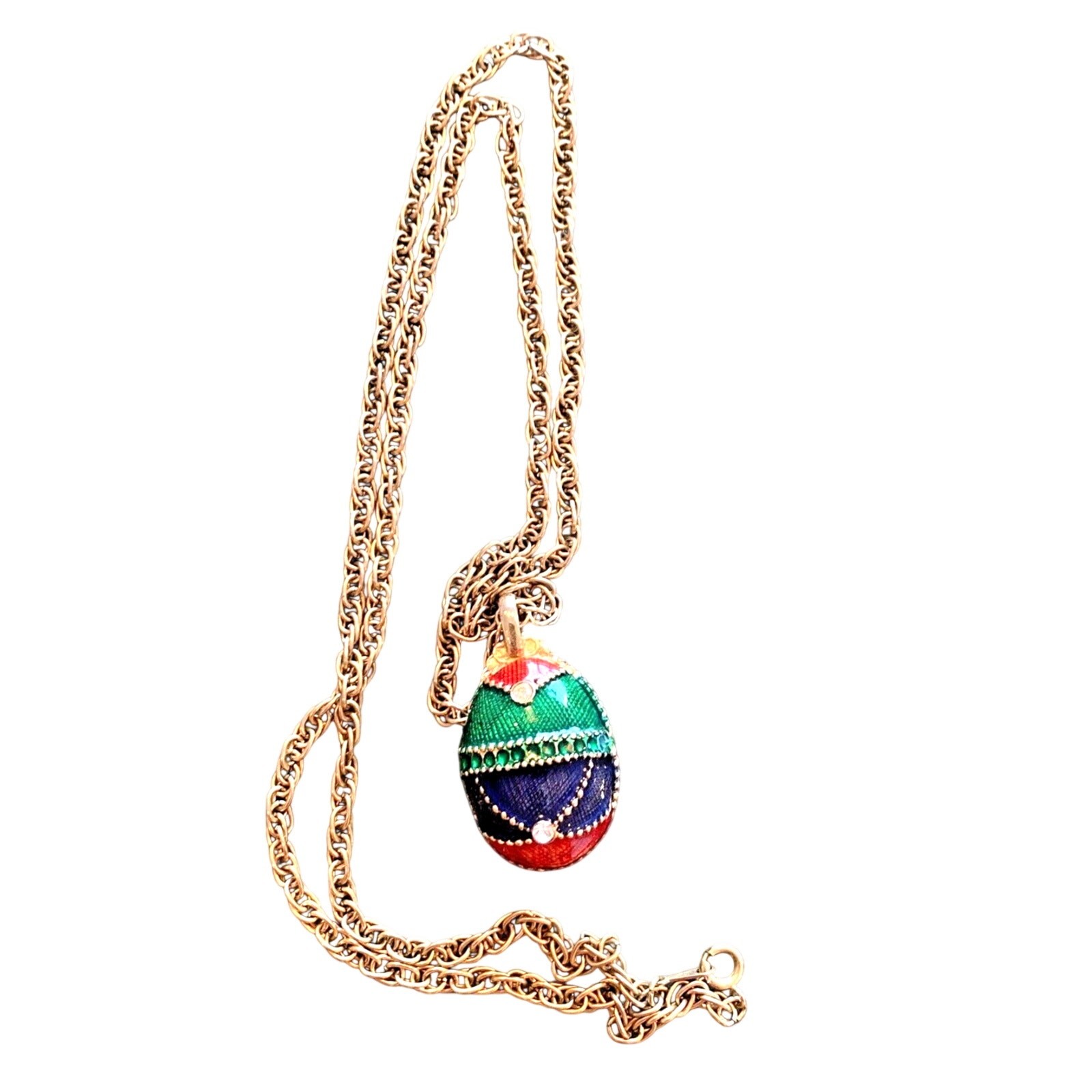 Vintage Chain Necklace Egg Shaped Pendant Unique Gold & Colored Enamel Finish