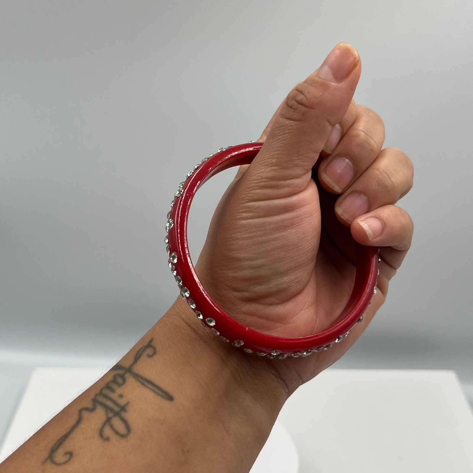 Vintage Red Lucite Style Rhinestone Bangle Bracelet Curved Accent Statement