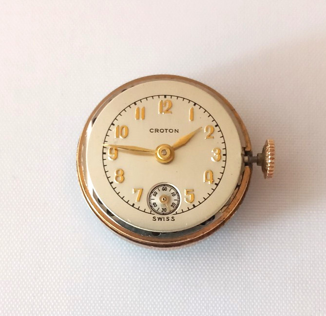Vtg. CROTON Deco Enamel Guilloche Bow Pin Brooch Manual Swiss Watch