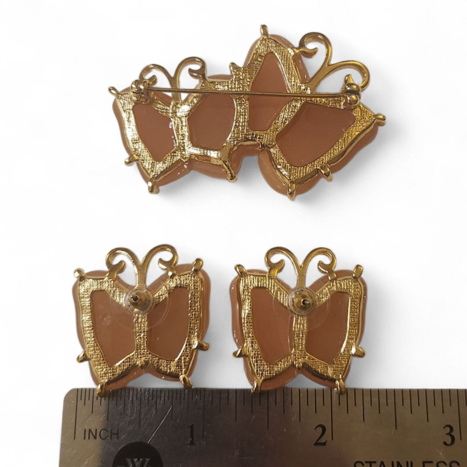 Vintage 1950s Butterfly Post Earrings & Brooch Set Pink Peach Gold Tone Jewelry