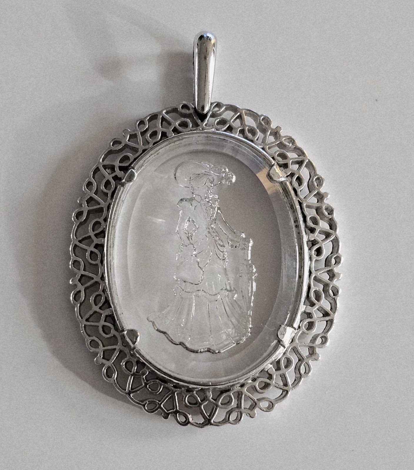 Vintage Avon Cameo Pendant Silver Tone Filigree Lady Intaglio Necklace Charm