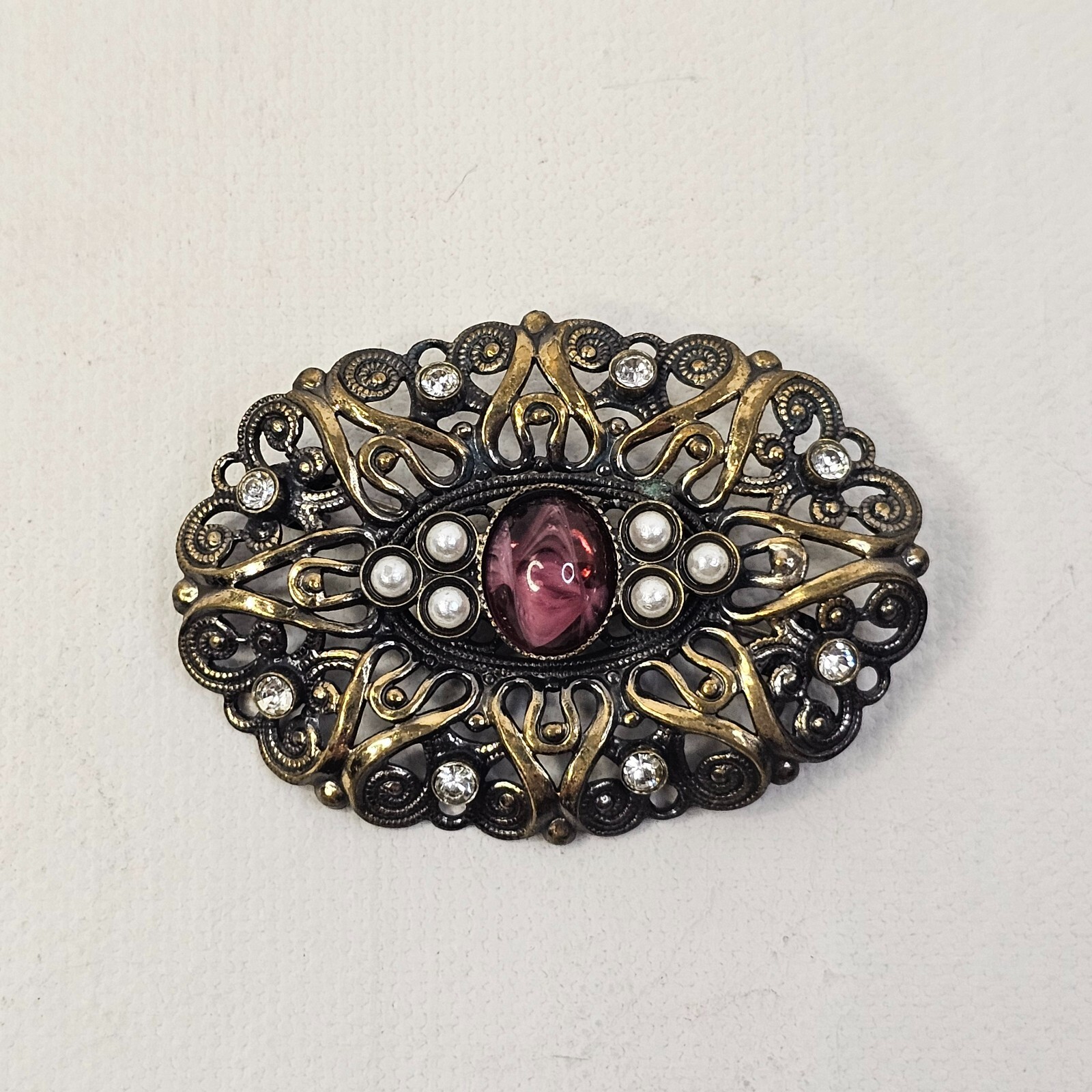 Silver Gold Tone Purple Clear Rhinestone Brooch Unmarked Vintage Pin