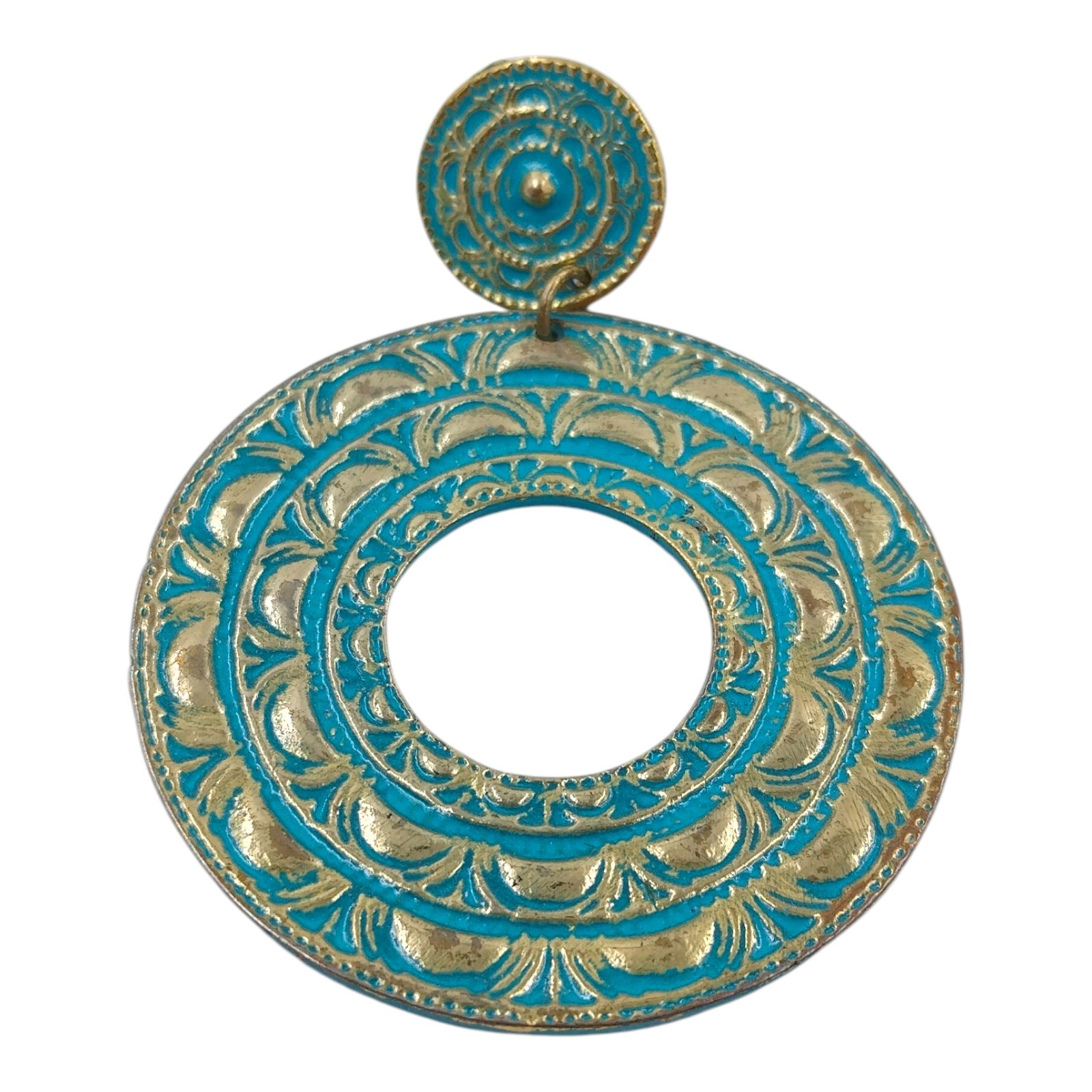 Blue Enameled Metal Dangle Drop Hoop Pierced Earrings Southwestern Boho