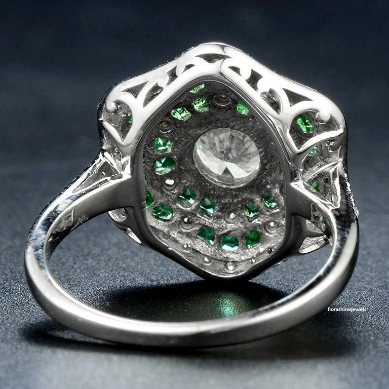 Stunning Art Deco Look With Vivid Green Emerald & Clear White CZ Floral Ring FN