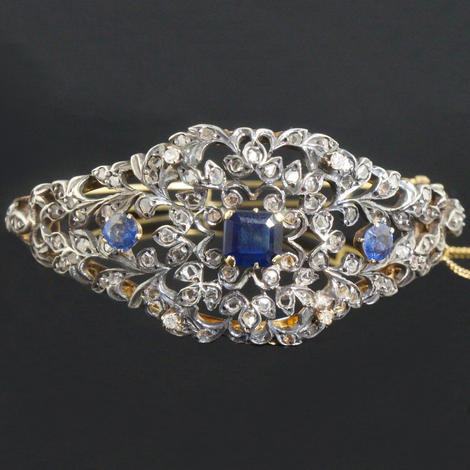 c1880 Solid 18K Yellow Gold, Silver, Rose Cut Diamond & Sapphire Bangle Bracelet