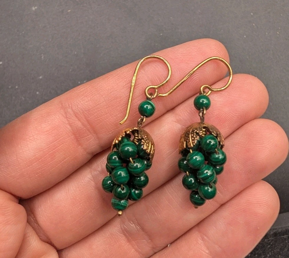 800 Silver Marked Gold Tone Malachite Round Beaded Cluster Grapes Earrings