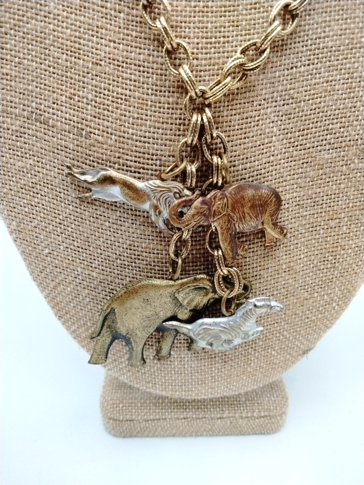Vintage Gold Tone Safari Animal Charm Necklace Elephant Zebra Lion 18″ Statement