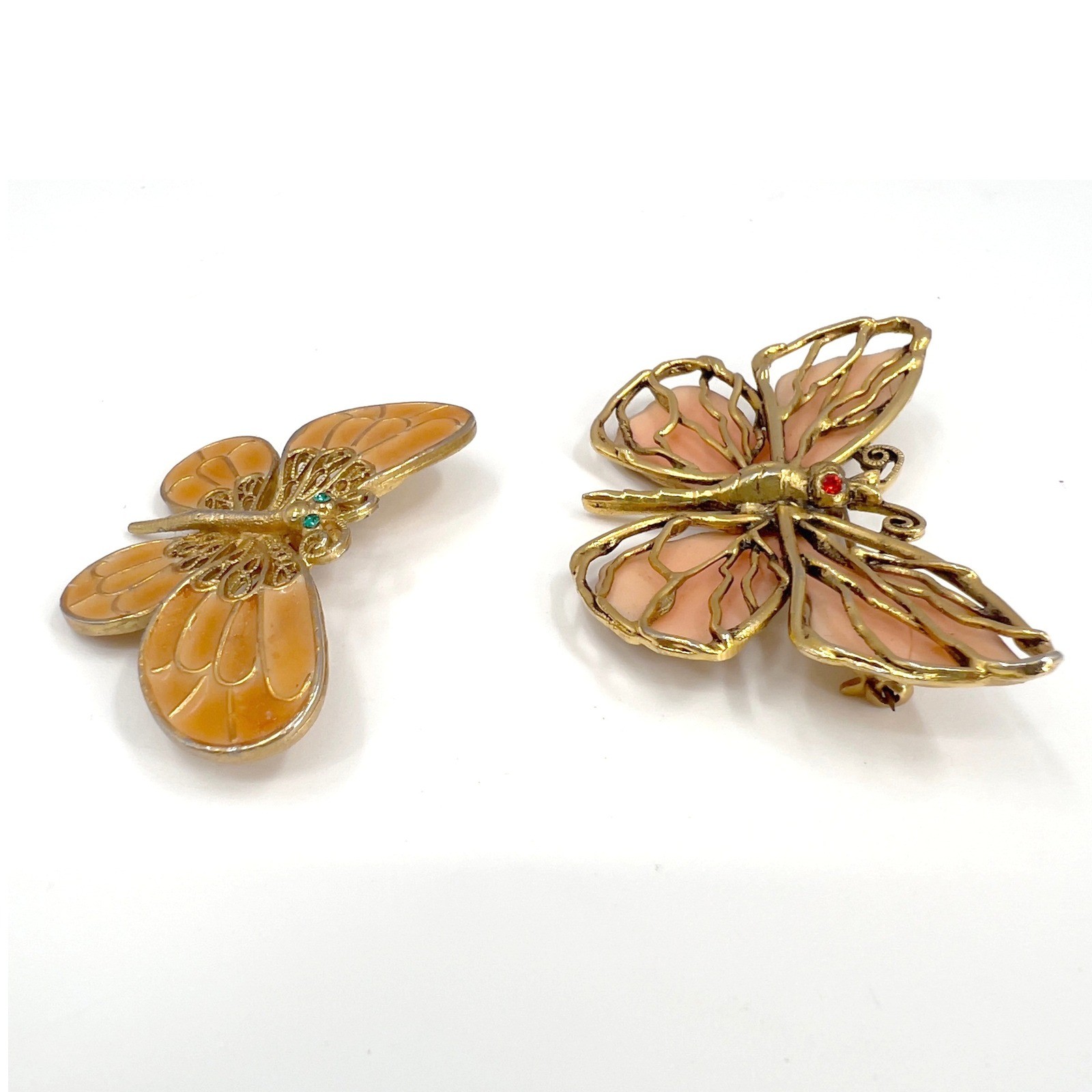 Vintage Butterfly Brooch Set Gold Tone Peach Pink Enamel Rhinestone 2pc
