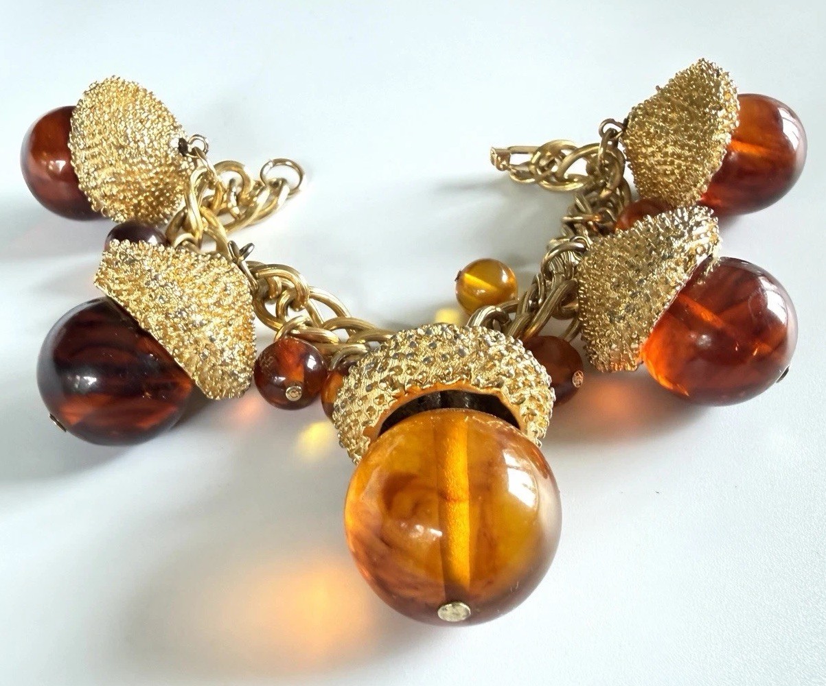 Vintage MCM Chunky Acorn Charm Bracelet Oversized Amber Glass Style Lucite Gold
