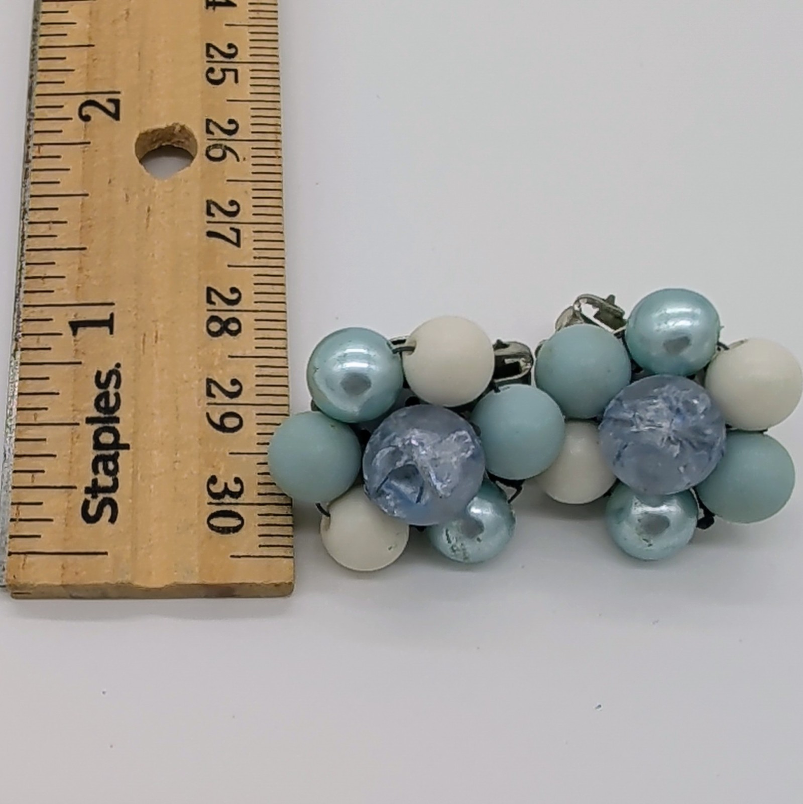 Vintage Signed Japan Blue White Beaded Cluster Clip-On Earrings Silver Tone