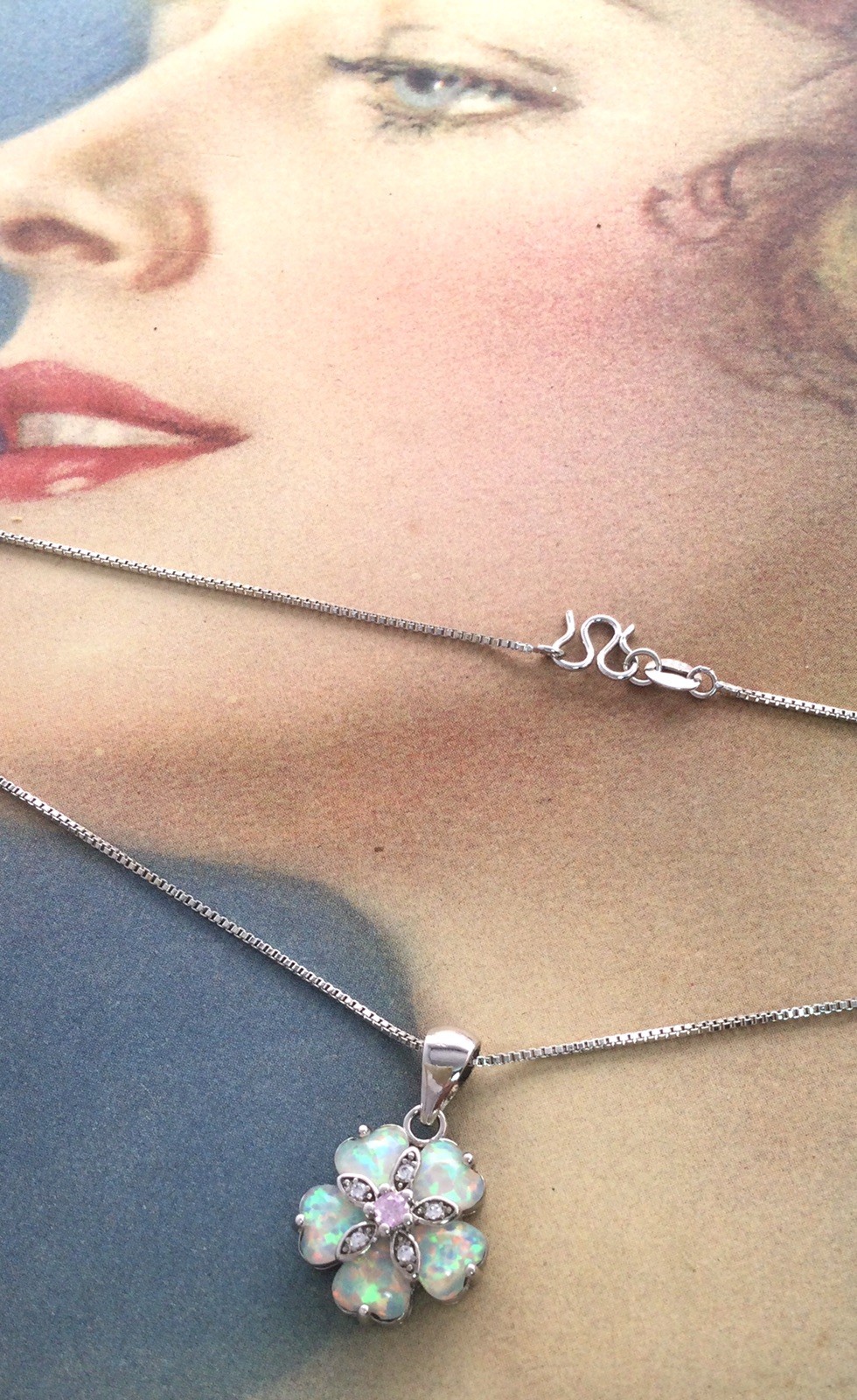 Vintage Jewellery Gold Necklace Blue Opal Sapphires Pendant Antique Deco Jewelry