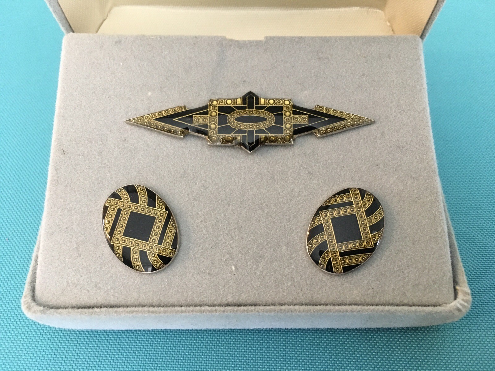 1980s TACOA Black and Gold Enamel Pin and Pierced Stud Earrings Set. NEW in Box!