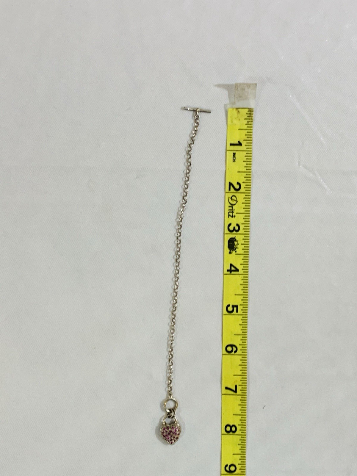 Sterling Silver Vintage Chain Bracelet W/Crystal Heart Charm & Toggle Clasp