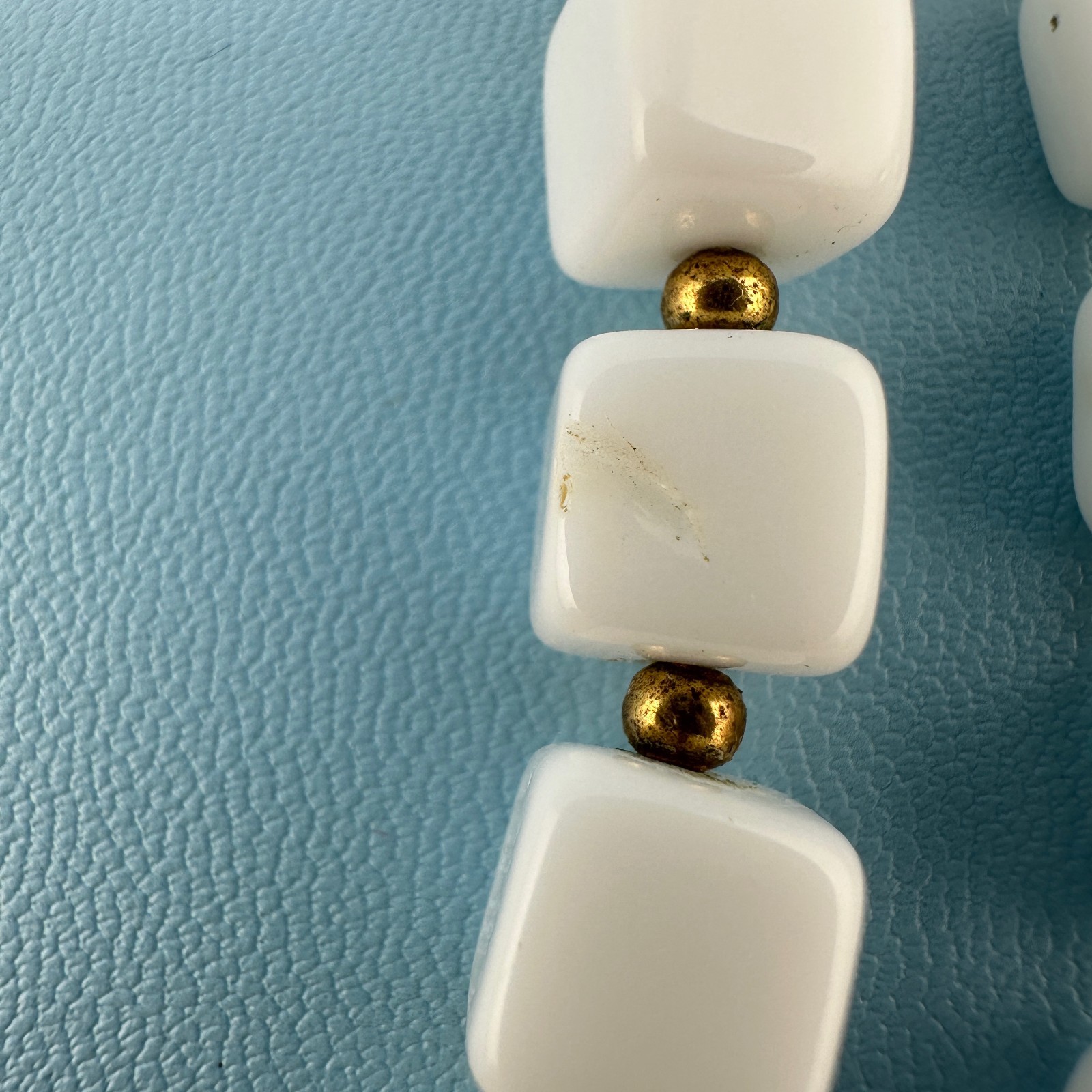 Vintage White Milk Glass Necklace Double Strand Square Shape Bead Retro Mod 18″