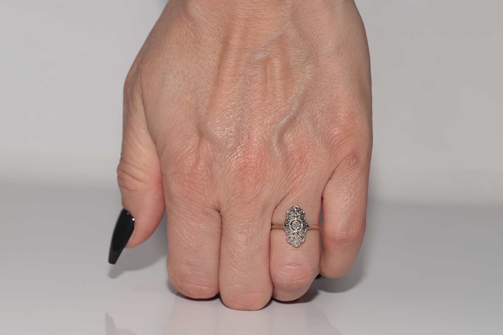 Antique Circa 1920s Art Deco 14k Gold Natural Diamond Decorated Navette Ring