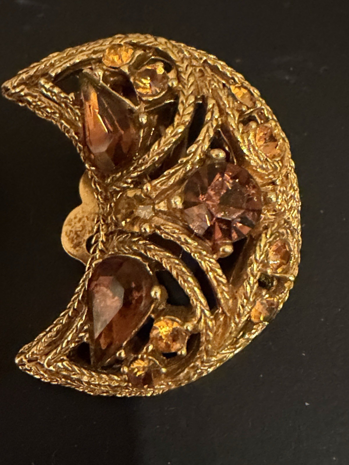 Vintage La Roco Paisley Crescent Half Moon Star Clip On Earrings Dark Amber
