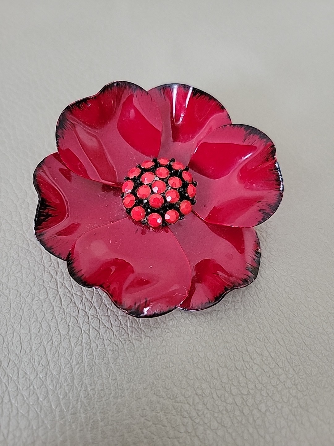 VNTG Large Bright Red Poppy Flower Brooch Black Border & Red Beads Center 2.5