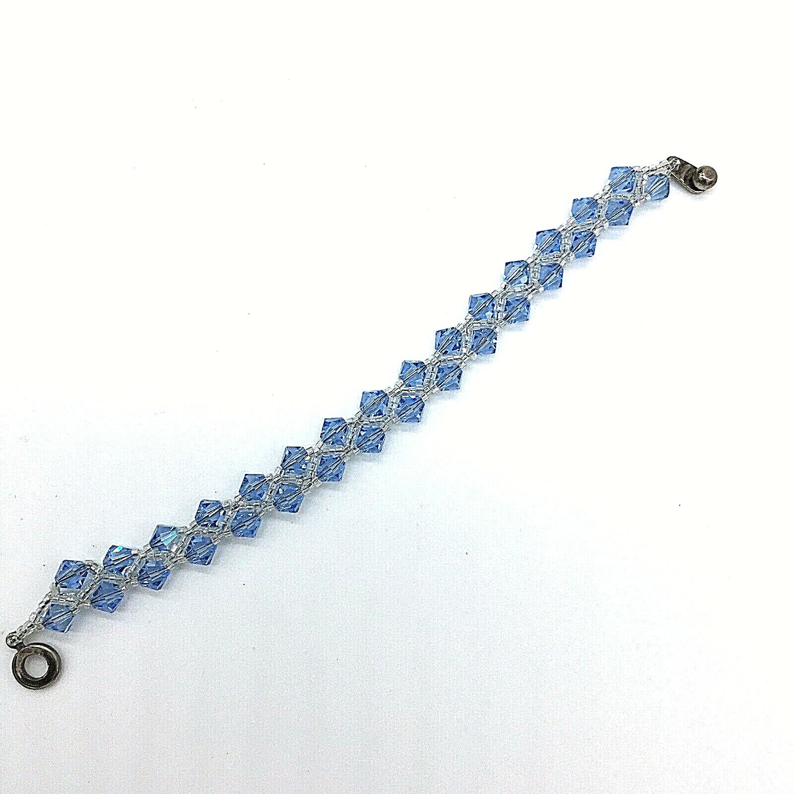 Blue Bicone Glass Crystal Beaded Stretch Bracelet With Ball And Cone Closure