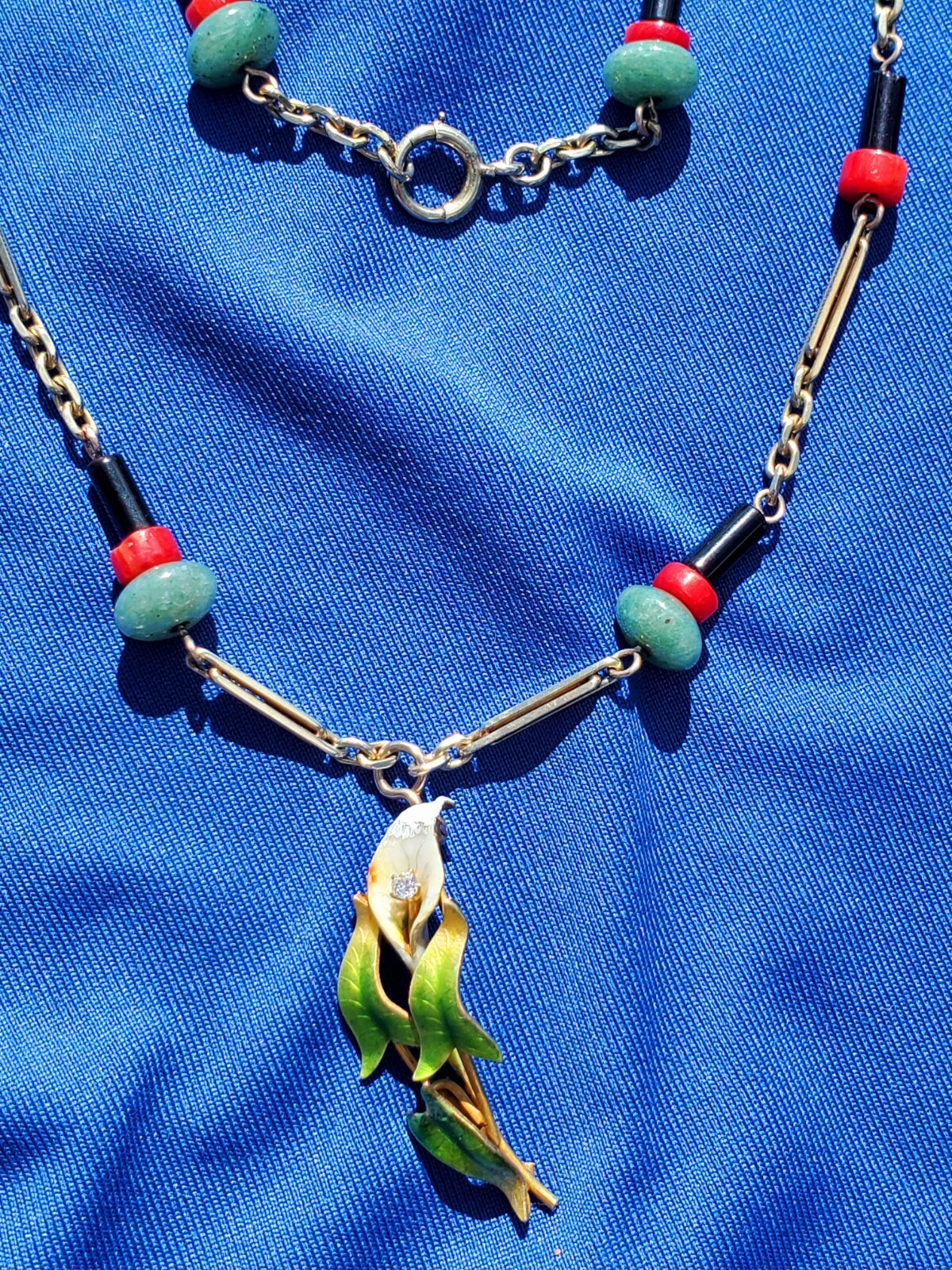 ORIGINAL Antique Deco Diamond Necklace Victorian Jade Onyx Coral Chain 14K GOLD