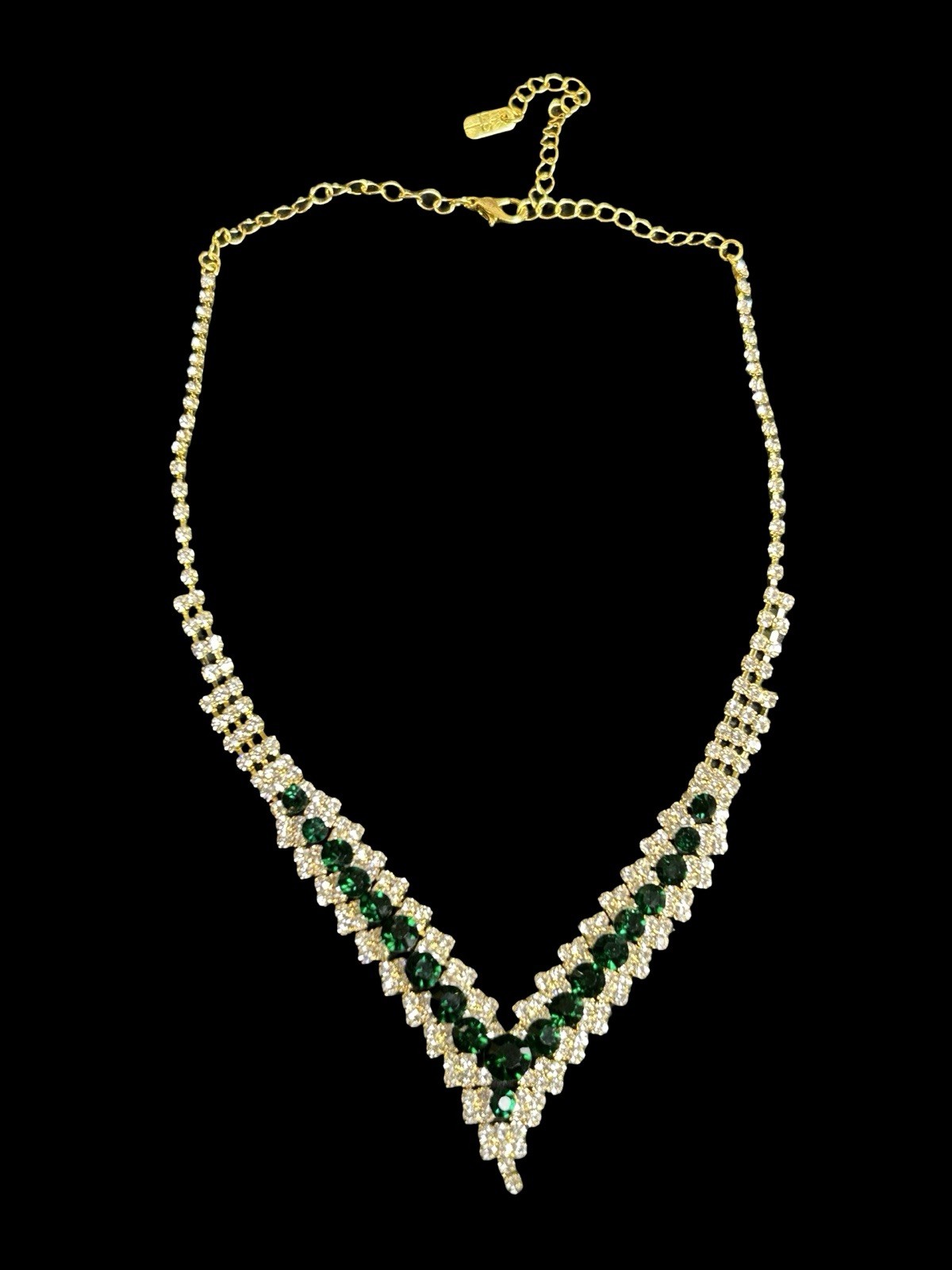 Faux Emerald Green Crystal Rhinestone Collar Bib Statement Necklace Golden