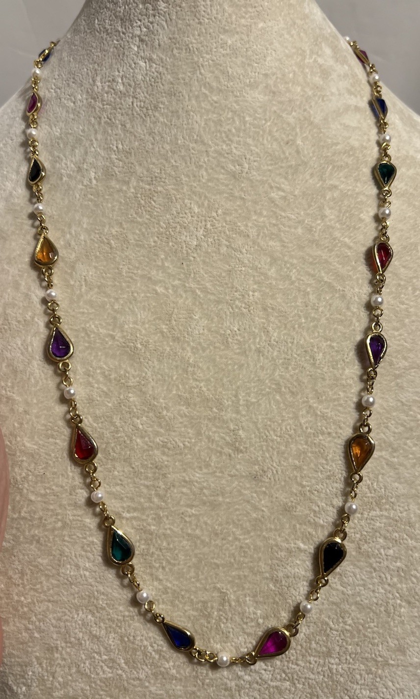 Vintage Multicolor Acrylic Crystal Station Necklace Gold Tone 24”