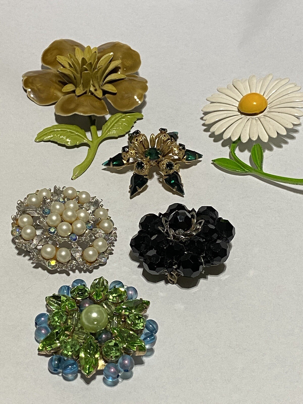 6 Vtg Mod Retro Brooch Metal Enamel Daisy Brown Flower & Rhinestone Brooches MCM