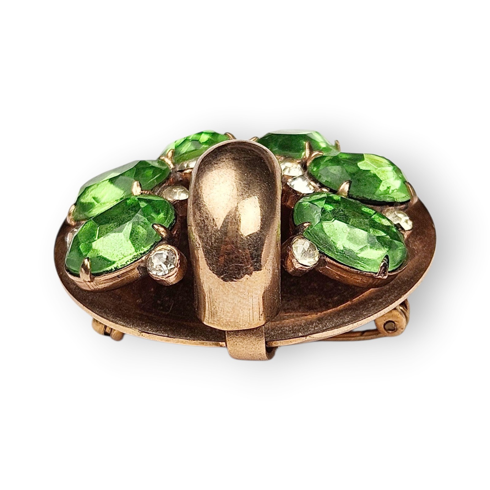 Vintage Green Rhinestone Brooch Rose Gold Plate Lee-Rose Watch Holder Chatelaine