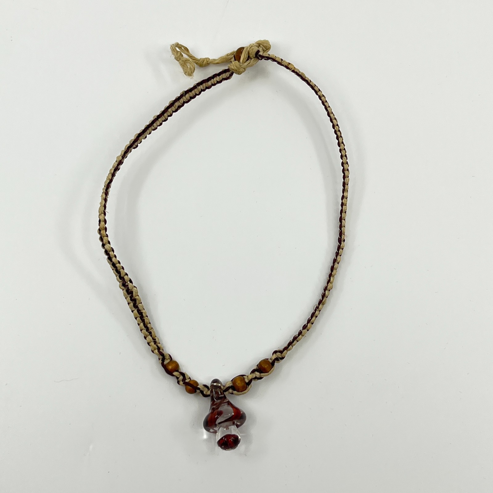 Vintage Retro Boho Hemp Choker Red Swirl Glass Mushroom Pendant Wooden Beads