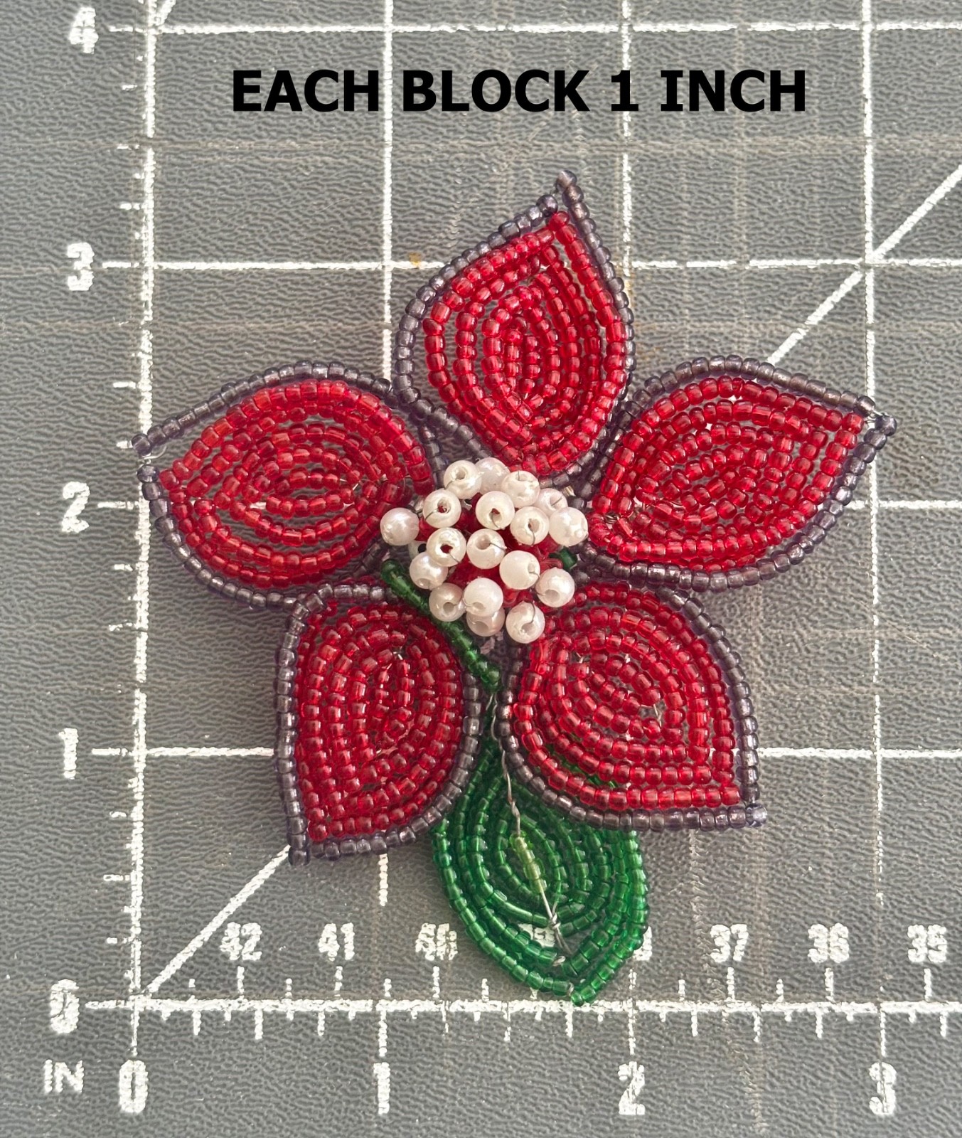 Sweet Hand Beaded Vintage Flower Brooch PIN with Green Leaf Details