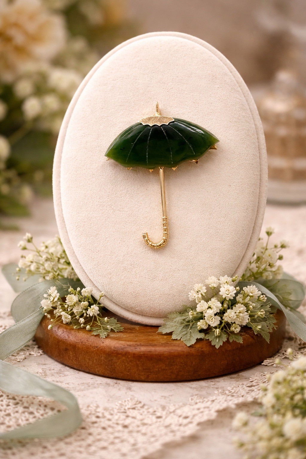 Vintage Jade Umbrella Brooch Carved Green Stone Figural Gold Asian Style Pin 60s
