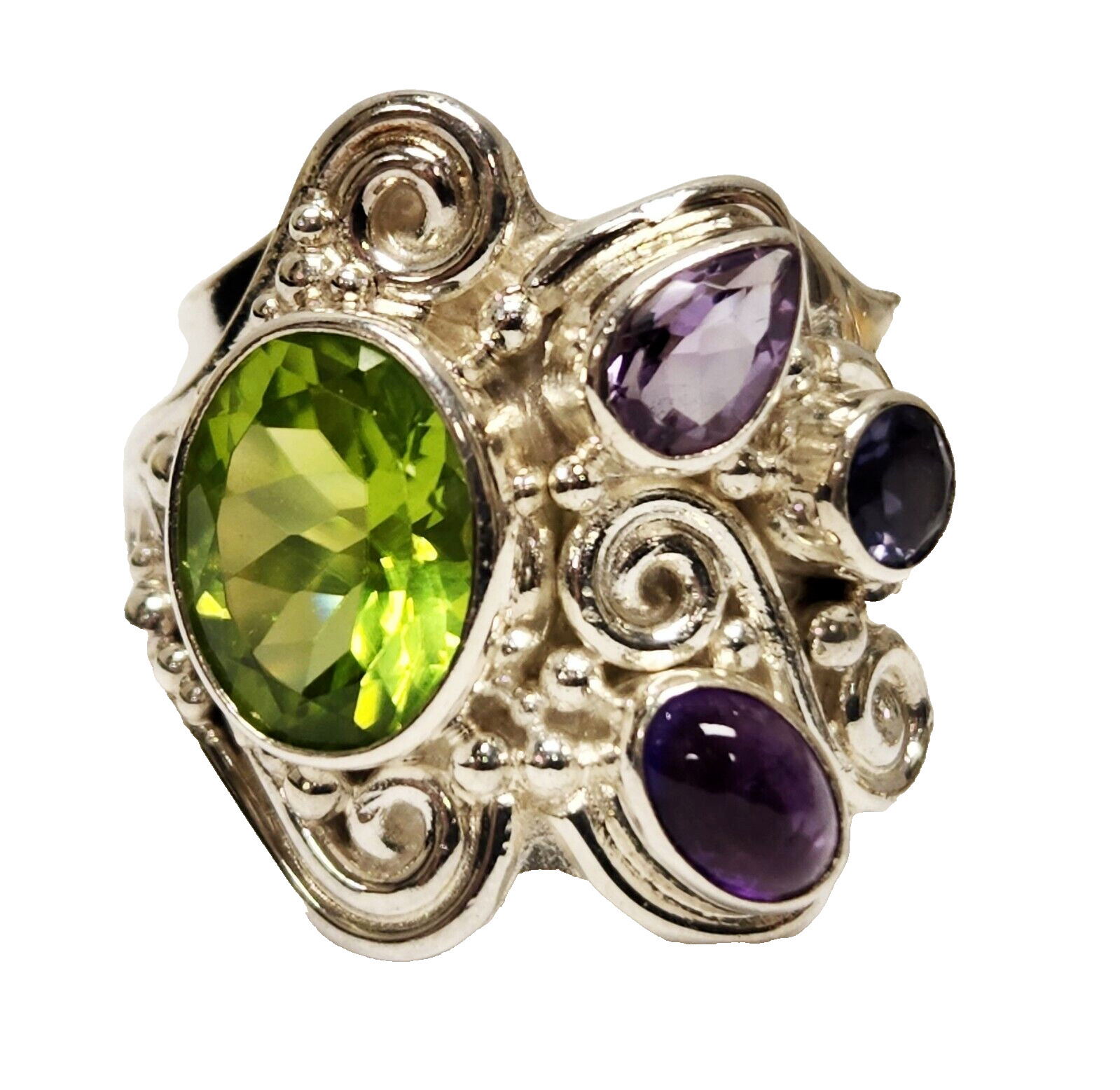 Sajen Bezel Set Peridot Iolite Amethyst 925 Sterling Silver Ring US size 5